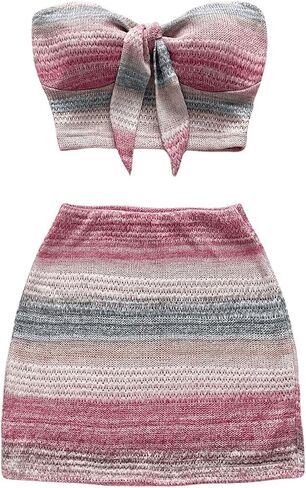 GORGLITTER Women's Mini Skirt Set Striped Knot Front Strapless Crop Tube Top and High Waisted Bodycon Short Skirts in Saudi Arabia