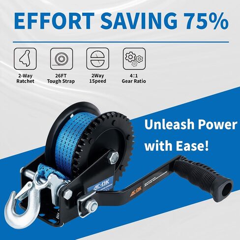 1600lbs Heavy Duty Boat Trailer Winch with 26FT Strap, 2-Way Ratchet & 4:1 Gear Trailer Winch, Portable Hand Crank Winch for Boat, Truck, Trailer, RV, ATV, Jet Ski in Kuwait