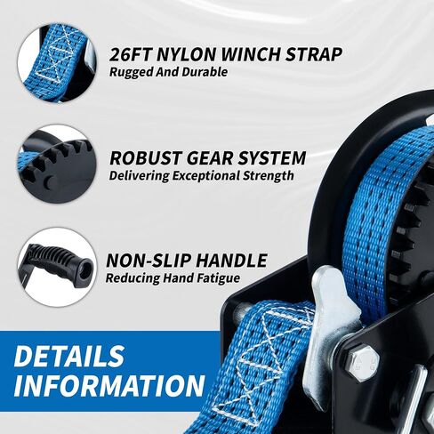 1600lbs Heavy Duty Boat Trailer Winch with 26FT Strap, 2-Way Ratchet & 4:1 Gear Trailer Winch, Portable Hand Crank Winch for Boat, Truck, Trailer, RV, ATV, Jet Ski in Kuwait