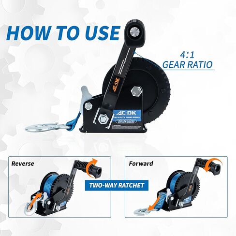 1600lbs Heavy Duty Boat Trailer Winch with 26FT Strap, 2-Way Ratchet & 4:1 Gear Trailer Winch, Portable Hand Crank Winch for Boat, Truck, Trailer, RV, ATV, Jet Ski in Kuwait