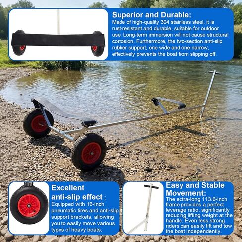 DaisyInner Boat Launching Dolly Trailer Dolly، سعة تحميل 395 رطل، محرك مقطورة من الفولاذ المقاوم للصدأ مع إطارات هوائية مقاس 16 بوصة دعامة دعم غير قابلة للانزلاق لتحريك قوارب الكاياك البخارية لصيد الأسماك وقارب قابل للنفخ in Kuwait