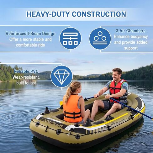 Goplus Inflatable Boat, 3/4 Person Heavy-Duty Fishing Raft Set with Oars, Bolster Seats, Pouch, Rod Holders & Motor Mount Compatible for Lake River Ponds (3-Person) in Kuwait