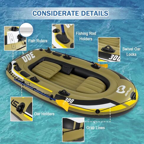 Goplus Inflatable Boat, 3/4 Person Heavy-Duty Fishing Raft Set with Oars, Bolster Seats, Pouch, Rod Holders & Motor Mount Compatible for Lake River Ponds (3-Person) in Kuwait