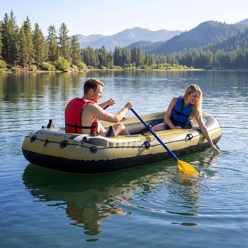 Goplus Inflatable Boat, 3/4 Person Heavy-Duty Fishing Raft Set with Oars, Bolster Seats, Pouch, Rod Holders & Motor Mount Compatible for Lake River Ponds (3-Person) in Kuwait