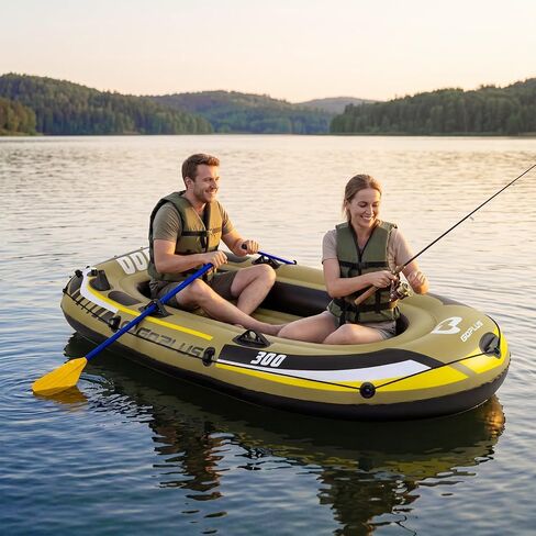 Goplus Inflatable Boat, 3/4 Person Heavy-Duty Fishing Raft Set with Oars, Bolster Seats, Pouch, Rod Holders & Motor Mount Compatible for Lake River Ponds (3-Person) in Kuwait