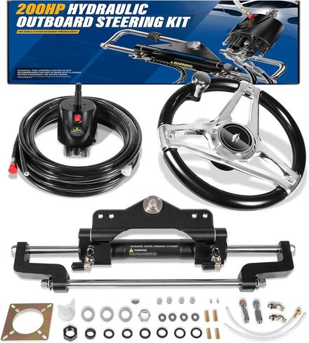 𝐔𝐩𝐠𝐫𝐚𝐝𝐞 200HP Hydraulic Outboard Steering Kit Boat Marine System with Electroplated Steering Wheel, Helm Pump, Hydraulic Cylinder, 26ft PU Hoses, Fit for Most Single Outboard-Powered Boats in Kuwait