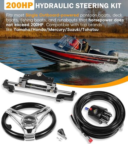 𝐔𝐩𝐠𝐫𝐚𝐝𝐞 200HP Hydraulic Outboard Steering Kit Boat Marine System with Electroplated Steering Wheel, Helm Pump, Hydraulic Cylinder, 26ft PU Hoses, Fit for Most Single Outboard-Powered Boats in Kuwait