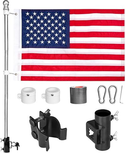 Boat Flag Pole Kit for Pontoon & Fishing Boats, 24" x 36" Embroidered American Flag, 48" Stainless Steel Flagpole with Rail Mount Clamp, Fits Round Rails 0.8"–1.2" in Kuwait