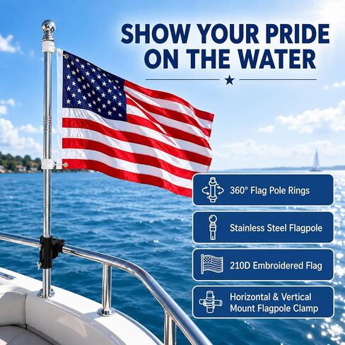 Boat Flag Pole Kit for Pontoon & Fishing Boats, 24" x 36" Embroidered American Flag, 48" Stainless Steel Flagpole with Rail Mount Clamp, Fits Round Rails 0.8"–1.2" in Kuwait