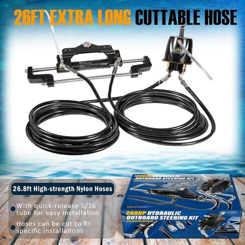 𝐔𝐩𝐠𝐫𝐚𝐝𝐞 200HP Hydraulic Outboard Steering Kit Boat Marine System with Electroplated Steering Wheel, Helm Pump, Hydraulic Cylinder, 26ft PU Hoses, Fit for Most Single Outboard-Powered Boats in Kuwait