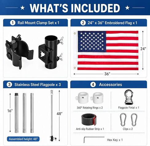 Boat Flag Pole Kit for Pontoon & Fishing Boats, 24" x 36" Embroidered American Flag, 48" Stainless Steel Flagpole with Rail Mount Clamp, Fits Round Rails 0.8"–1.2" in Kuwait