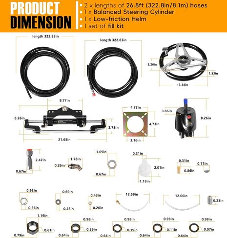 𝐔𝐩𝐠𝐫𝐚𝐝𝐞 200HP Hydraulic Outboard Steering Kit Boat Marine System with Electroplated Steering Wheel, Helm Pump, Hydraulic Cylinder, 26ft PU Hoses, Fit for Most Single Outboard-Powered Boats in Kuwait