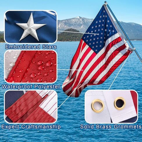 Boat Flag Pole Kit for Pontoon & Fishing Boats, 24" x 36" Embroidered American Flag, 48" Stainless Steel Flagpole with Rail Mount Clamp, Fits Round Rails 0.8"–1.2" in Kuwait