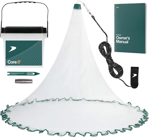 Best Fisher's® Core™ - American Pro Cast Net - 2026 Rebranded - SuperSink™ 4ft/6ft/8ft/10ft/12ft - 3/8" Mesh - Real Lead 1-lbs/ft Double Line - Premium Cast Nets for Fishing - Book & Utility Box in Kuwait