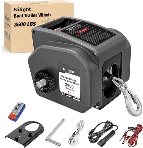 nilight قارب مقطورة ونش 3500 رطل المحمولة الكهربائية قارب الروافع 12 فولت العاصمة البحرية ونش مع حبل الاصطناعية التحكم عن بعد كرنك اليد السلطة في عجلة حرة ونش مقاوم للماء لسحب مقطورة قارب، رمادي in Kuwait