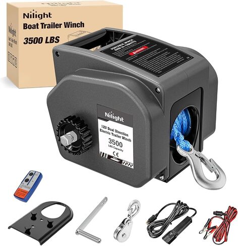 nilight قارب مقطورة ونش 3500 رطل المحمولة الكهربائية قارب الروافع 12 فولت العاصمة البحرية ونش مع حبل الاصطناعية التحكم عن بعد كرنك اليد السلطة في عجلة حرة ونش مقاوم للماء لسحب مقطورة قارب، رمادي in Kuwait