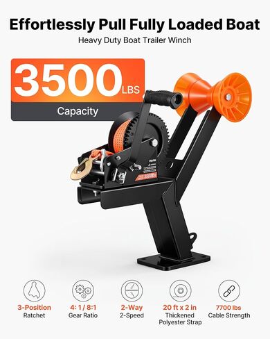VEVOR Boat Trailer Winch Stand with Roller, 3500 lbs, 20ft Orange Polyester Strap, Boat Winch Mount, for 2-3 Inches W x 3-4 Inches H Trailer Tongue, Fit for Jet Ski, Sailboat, Speedboat in Saudi Arabia