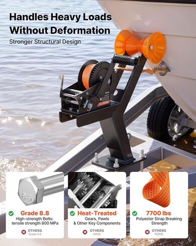 VEVOR Boat Trailer Winch Stand with Roller, 3500 lbs, 20ft Orange Polyester Strap, Boat Winch Mount, for 2-3 Inches W x 3-4 Inches H Trailer Tongue, Fit for Jet Ski, Sailboat, Speedboat in Saudi Arabia