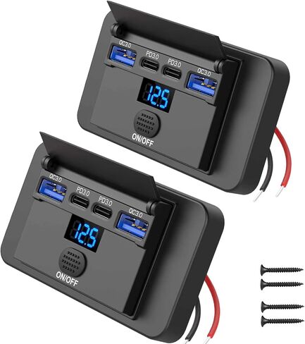 2 Pack 12V USB Outlet Surface Mount 4 Port with Voltmeter, Dual PD 36W and QC3.0 18W Car USB Port Lightweight Charger Socket Replacement Panel with Button Switch for Boat Bus Marine RV Truck Golf Cart in Kuwait