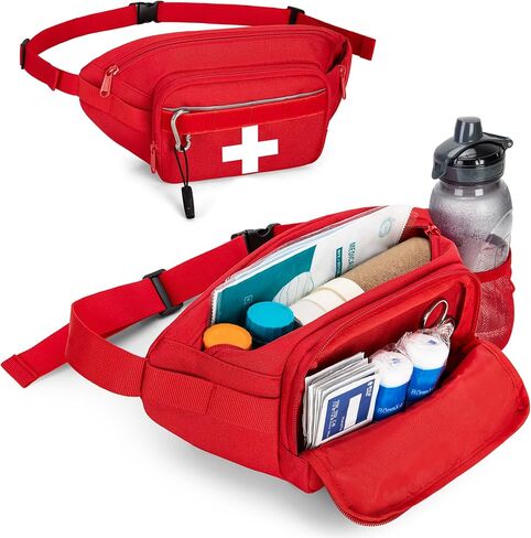 CURMIO Empty First Aid Fanny Pack, Molle Tactical Lifeguard Waist Bag with Whistle, Outdoor Emergency Medical Pouch for Hiking, Camping, Work, Red(Bag Only) in Kuwait