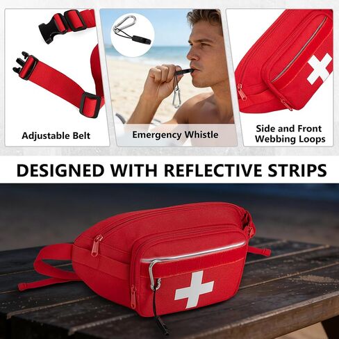 CURMIO Empty First Aid Fanny Pack, Molle Tactical Lifeguard Waist Bag with Whistle, Outdoor Emergency Medical Pouch for Hiking, Camping, Work, Red(Bag Only) in Kuwait