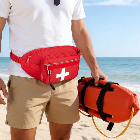 CURMIO Empty First Aid Fanny Pack, Molle Tactical Lifeguard Waist Bag with Whistle, Outdoor Emergency Medical Pouch for Hiking, Camping, Work, Red(Bag Only) in Kuwait