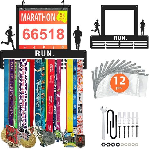 Race Bib and Medal Display for Runners, 16" Metal Marathon Medal Hanger Display with Bib Holder, Running Medal Hanger Display for Wall, Marathon Runner Gift in Kuwait