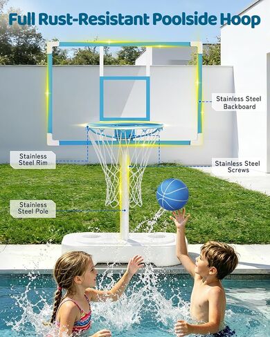 Yohood Pool Basketball Hoop، هدف كرة السلة من الفولاذ المقاوم للصدأ بجانب حمام السباحة، طوق كرة السلة لحمام السباحة بجانب حمام السباحة مع لوحة خلفية للكمبيوتر الشخصي مقاومة للكسر مقاس 33 بوصة in Kuwait