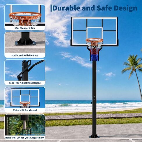 In Ground Basketball Hoops Outdoor, 7.5-10FT Adjustable Height Basketball Goal System, 55 Inch Shatterproof Backboard, Solid Steel Rim for Kids Youth Adults, Backyard, Driveway in Kuwait