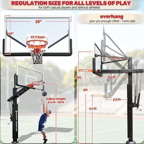 55" In-Ground Basketball Hoop System, Tempered Glass Backboard Outdoor Basketball Goal, Heavy-Duty Steel Pole with Adjustable Rim Height, Professional Basketball Hoop for Driveway Backyard in Kuwait