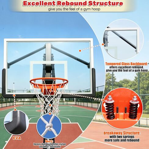 55" In-Ground Basketball Hoop System, Tempered Glass Backboard Outdoor Basketball Goal, Heavy-Duty Steel Pole with Adjustable Rim Height, Professional Basketball Hoop for Driveway Backyard in Kuwait