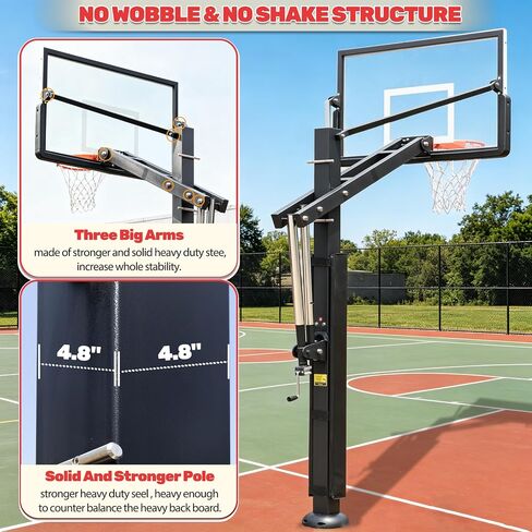 55" In-Ground Basketball Hoop System, Tempered Glass Backboard Outdoor Basketball Goal, Heavy-Duty Steel Pole with Adjustable Rim Height, Professional Basketball Hoop for Driveway Backyard in Kuwait