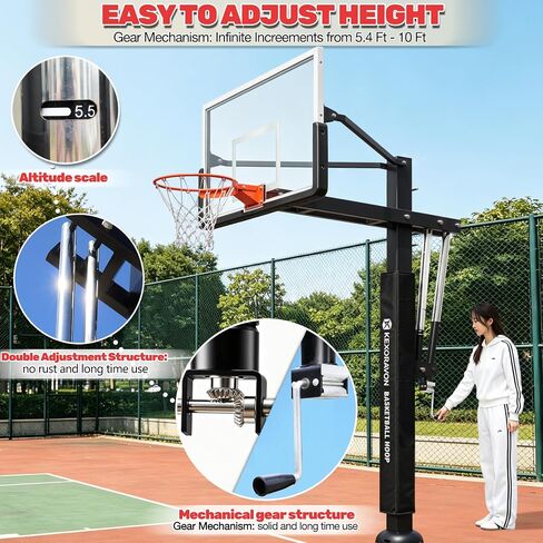 55" In-Ground Basketball Hoop System, Tempered Glass Backboard Outdoor Basketball Goal, Heavy-Duty Steel Pole with Adjustable Rim Height, Professional Basketball Hoop for Driveway Backyard in Kuwait