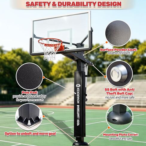55" In-Ground Basketball Hoop System, Tempered Glass Backboard Outdoor Basketball Goal, Heavy-Duty Steel Pole with Adjustable Rim Height, Professional Basketball Hoop for Driveway Backyard in Kuwait