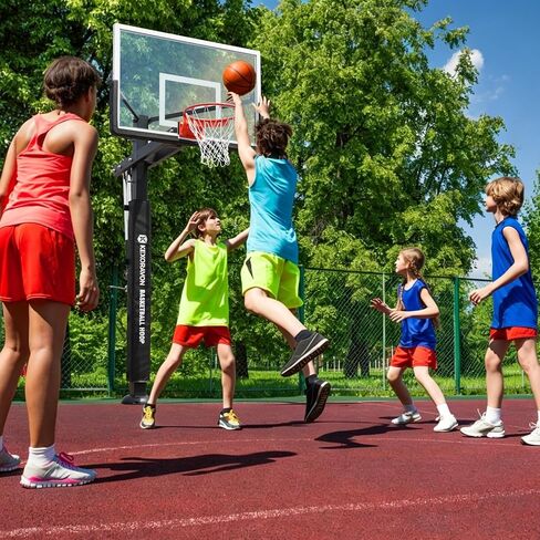 55" In-Ground Basketball Hoop System, Tempered Glass Backboard Outdoor Basketball Goal, Heavy-Duty Steel Pole with Adjustable Rim Height, Professional Basketball Hoop for Driveway Backyard in Kuwait