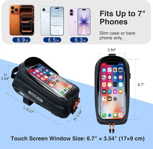 Bike Phone Bag with TPU Sensitive Touch, Waterproof Top Tube Bicycle Front Frame Bag, 1.9L Large Capacity EVA Hard Shell Mount Bike Phone Holder Bag Under 7", Handlebar Bag Bike Accessories in Kuwait
