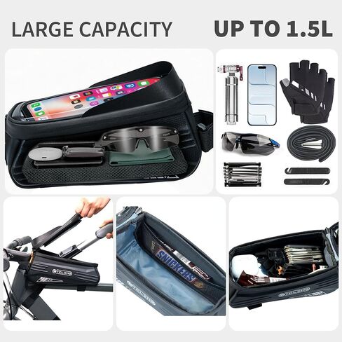 Bike Phone Bag with TPU Sensitive Touch, Waterproof Top Tube Bicycle Front Frame Bag, 1.9L Large Capacity EVA Hard Shell Mount Bike Phone Holder Bag Under 7", Handlebar Bag Bike Accessories in Kuwait