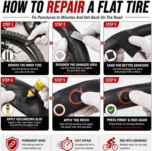 Bike Tire Repair Kit 80 PCS, Flat Tire Repair Kit with 54 Patches, 4 Vulcanizing Glue Tubes, Tire Levers & Valve Core Tools for Bikes, E-Bikes, Scooters & Inner Tube Repairs in Kuwait