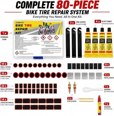Bike Tire Repair Kit 80 PCS, Flat Tire Repair Kit with 54 Patches, 4 Vulcanizing Glue Tubes, Tire Levers & Valve Core Tools for Bikes, E-Bikes, Scooters & Inner Tube Repairs in Kuwait