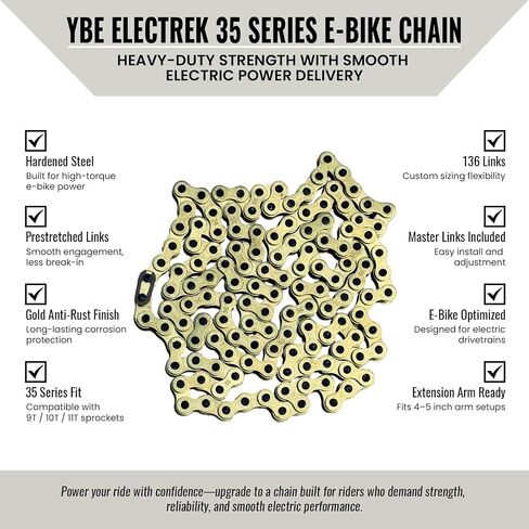 Yelnats تبني سلسلة دراجة Electrek 136 Link Gold E - سلسلة 35 من الفولاذ المقوى للخدمة الشاقة - لمسة نهائية ذهبية مقاومة للصدأ - سلسلة بديلة للدراجة الكهربائية عالية القوة لأداء سلس وموثوق in Kuwait