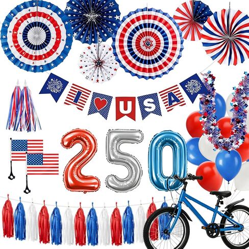 CRASHOT American 250th Anniversary Bike Decoration Kit, 42 Pcs 4th of July Independence Day Bicycle Parade Set with US Flags Paper Fans Tinsel Garland Tassels Balloons for Kids Adults in Kuwait
