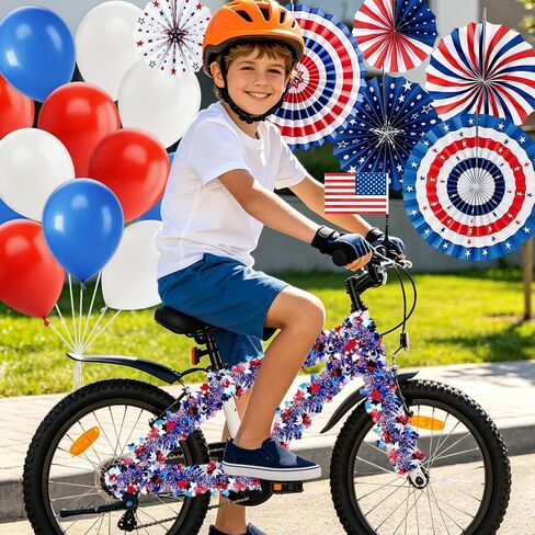 CRASHOT American 250th Anniversary Bike Decoration Kit, 42 Pcs 4th of July Independence Day Bicycle Parade Set with US Flags Paper Fans Tinsel Garland Tassels Balloons for Kids Adults in Kuwait