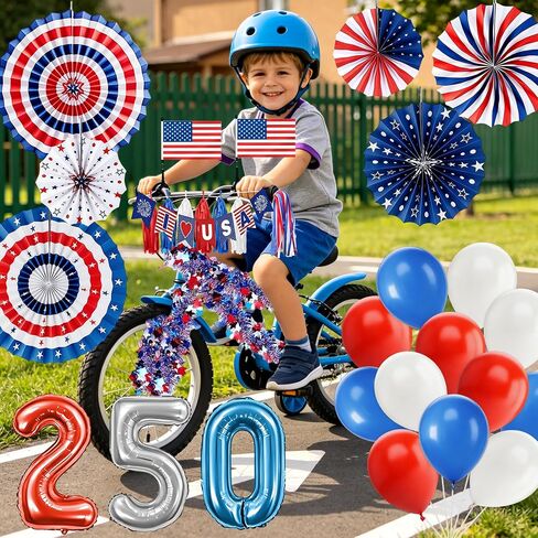 CRASHOT American 250th Anniversary Bike Decoration Kit, 42 Pcs 4th of July Independence Day Bicycle Parade Set with US Flags Paper Fans Tinsel Garland Tassels Balloons for Kids Adults in Kuwait