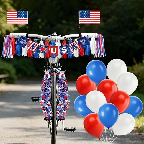 CRASHOT American 250th Anniversary Bike Decoration Kit, 42 Pcs 4th of July Independence Day Bicycle Parade Set with US Flags Paper Fans Tinsel Garland Tassels Balloons for Kids Adults in Kuwait