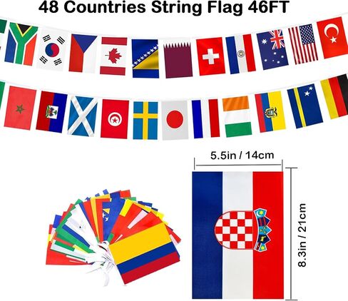48 Countries Flag for World Cup 2026 Decorations,World Cup Banner String Flag Set, Double Sided Nylon International Flags String, Soccer World Cup Party Decorations for Bar, Home, Sports Events in Kuwait