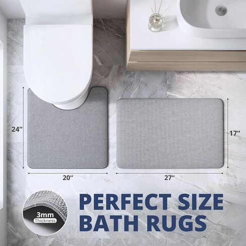 Bathroom Rugs Sets 2 Piece, Thin Bath Mat & U-Shaped Contour Toilet Rug Absorbent Quick Dry, Machine Washable, Non Slip Low Pile Bath Mats for Bathroom/Tub/Sink/Shower (27"x17" Plus 24"x20" U, Grey) in Kuwait