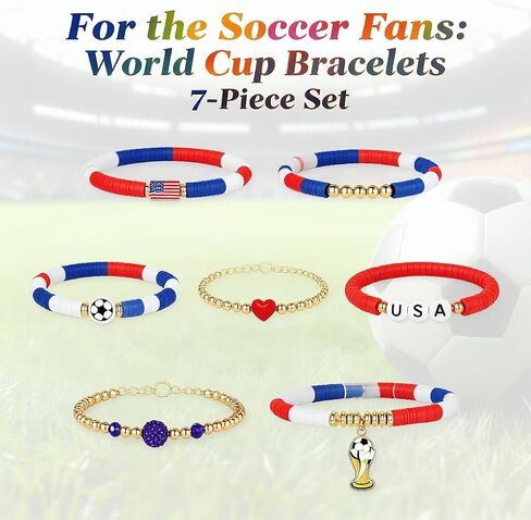 لهدايا أساور كأس العالم 2026 لكرة القدم، من أجل بانيني لعبة يوم كرة القدم سوار كومة 7 قطع قابلة للتكديس مطرز بالولايات المتحدة الأمريكية لكرة القدم أساور ملابس مجوهرات هدايا مشجعي الرياضة أساسيات هدايا الحفلات in Kuwait