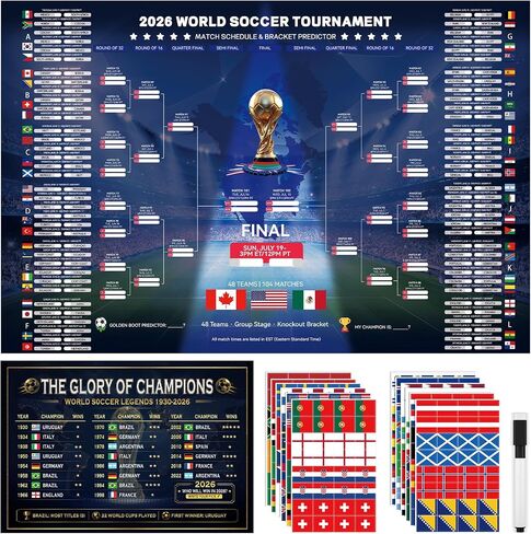 CANCJ 2026 World Soccer Schedule Poster Set,Tournament Wall Chart Champion Predictor Poster with 12 Flag Stickers, Match Tracker for Soccer Fans, Viewing Parties, Home & Bar Decorations in Kuwait