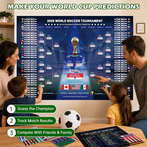 CANCJ 2026 World Soccer Schedule Poster Set,Tournament Wall Chart Champion Predictor Poster with 12 Flag Stickers, Match Tracker for Soccer Fans, Viewing Parties, Home & Bar Decorations in Kuwait
