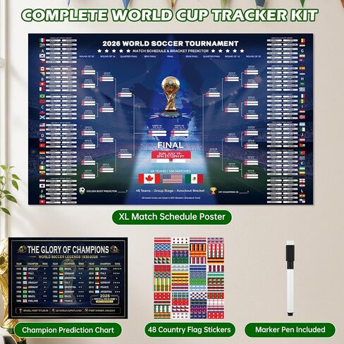 CANCJ 2026 World Soccer Schedule Poster Set,Tournament Wall Chart Champion Predictor Poster with 12 Flag Stickers, Match Tracker for Soccer Fans, Viewing Parties, Home & Bar Decorations in Kuwait